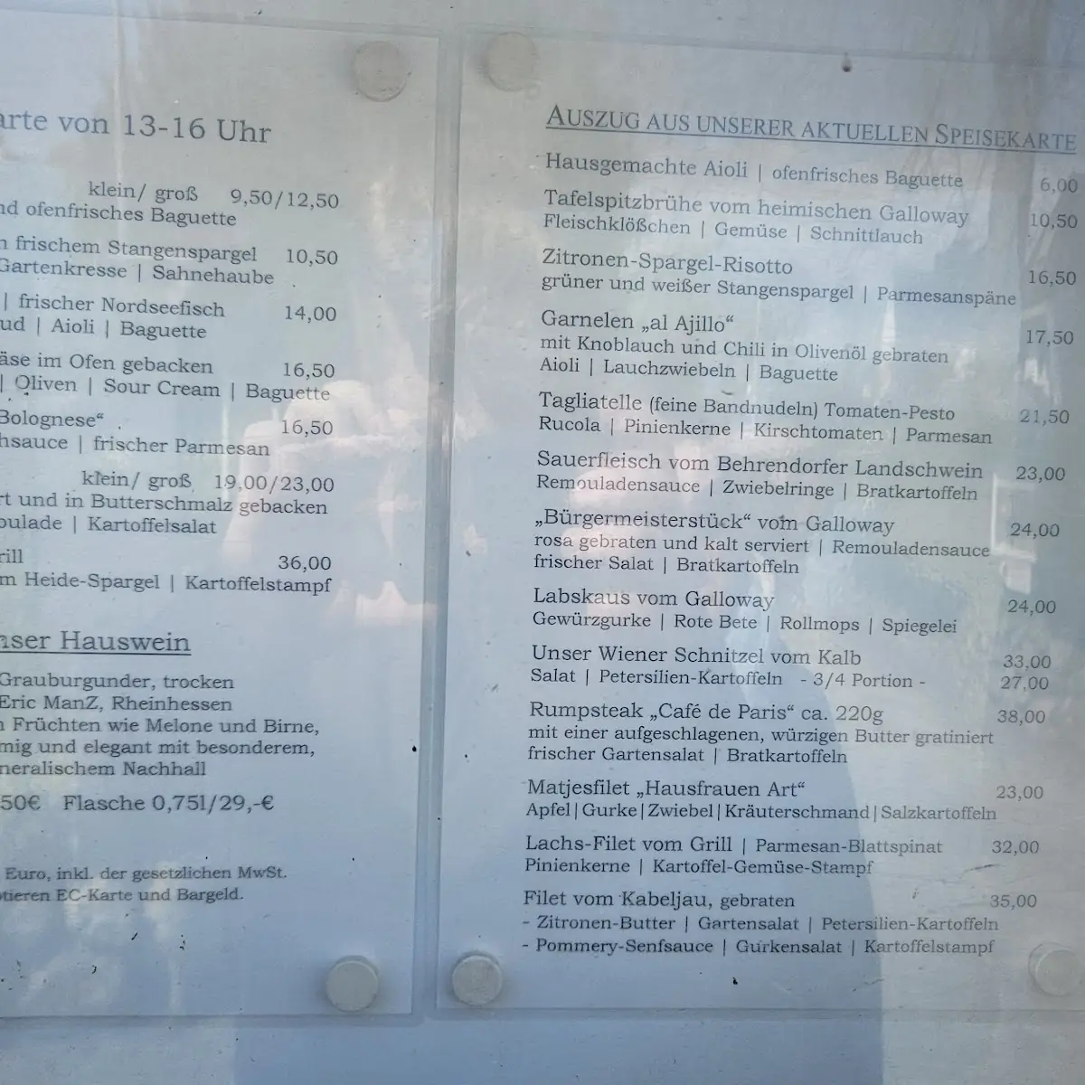 Speisekarte, Restaurant Kleine Küchenkate