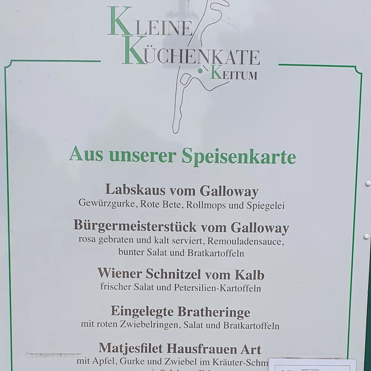 Speisekarte, Restaurant Kleine Küchenkate