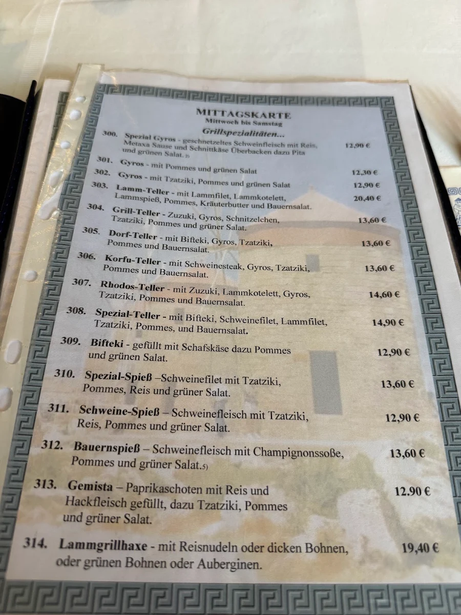 Speisekarte, "Restaurant Rhodos" Griechische Spezialitäten