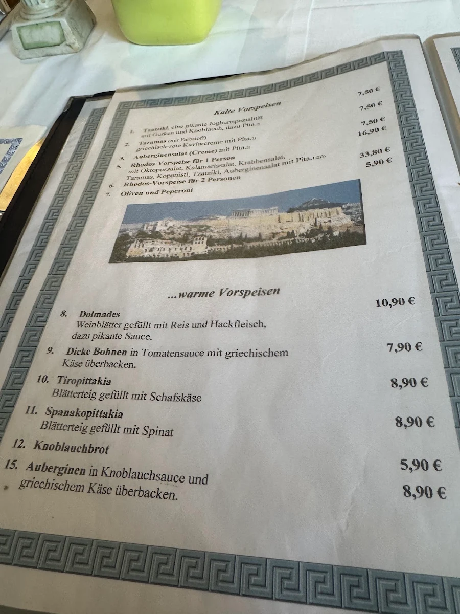 Speisekarte, "Restaurant Rhodos" Griechische Spezialitäten