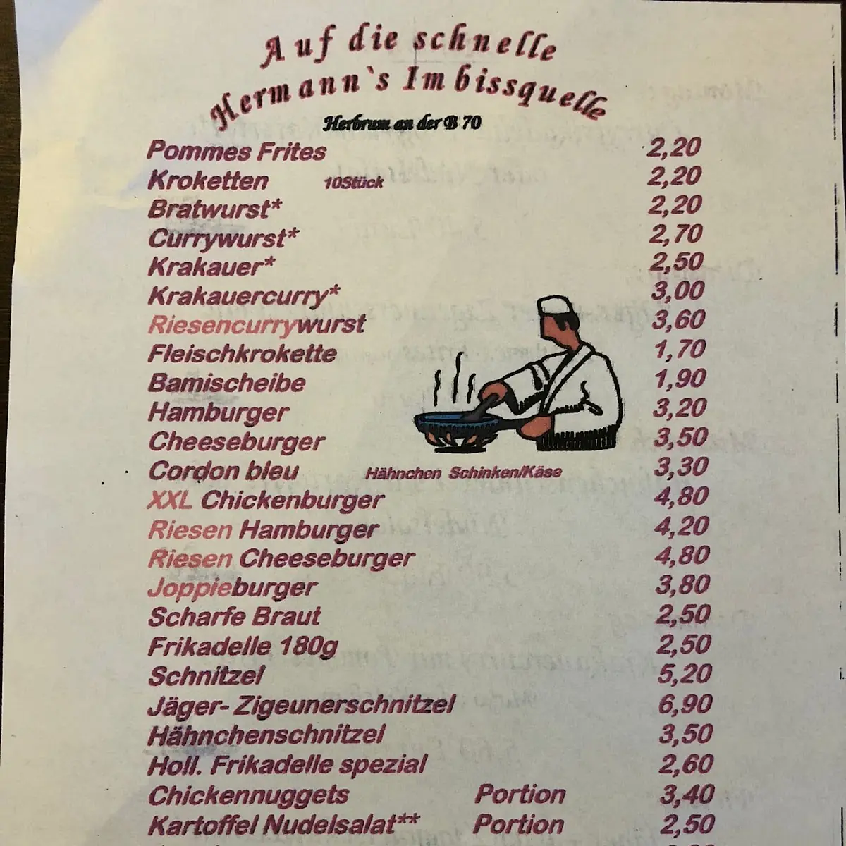 Speisekarte, Hermanns Imbissquelle