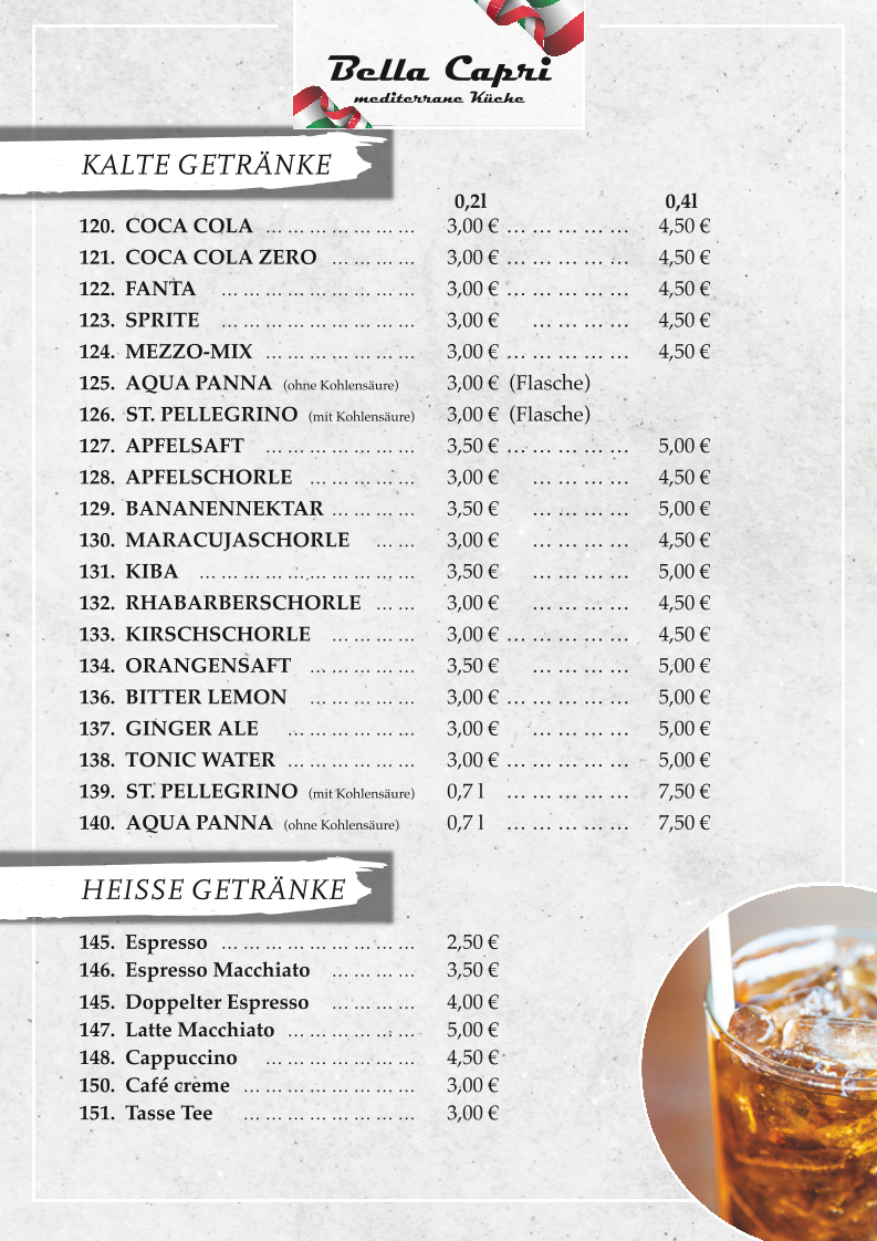 Speisekarte, Bella Capri Jübek - italienisches Restaurant