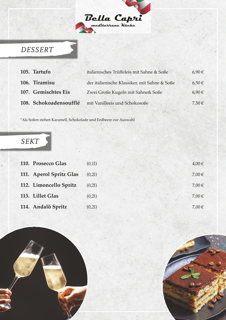 Speisekarte, Bella Capri Jübek - italienisches Restaurant