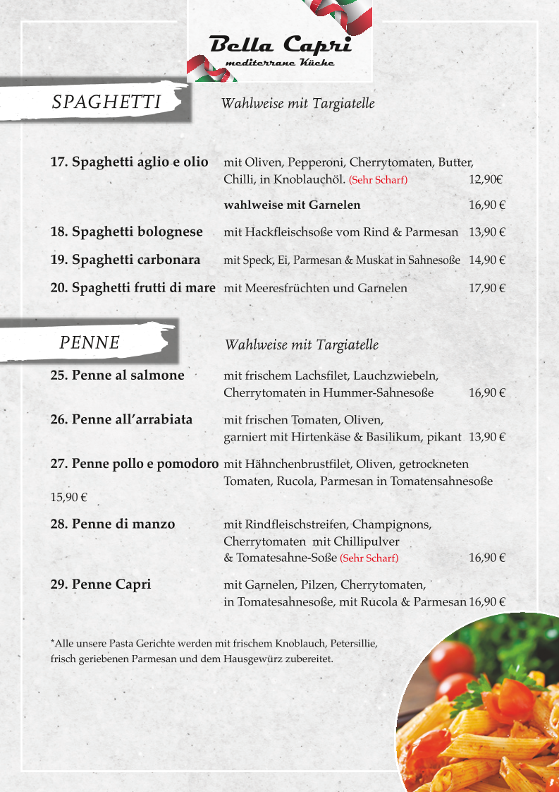 Speisekarte, Bella Capri Jübek - italienisches Restaurant