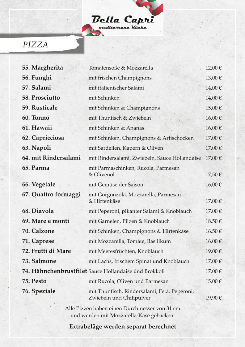 Speisekarte, Bella Capri Jübek - italienisches Restaurant