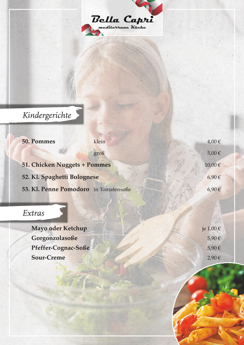 Speisekarte, Bella Capri Jübek - italienisches Restaurant