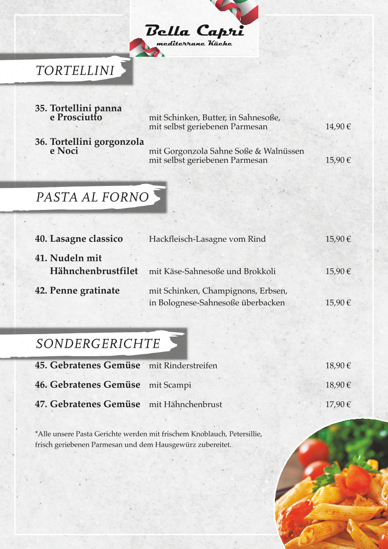 Speisekarte, Bella Capri Jübek - italienisches Restaurant