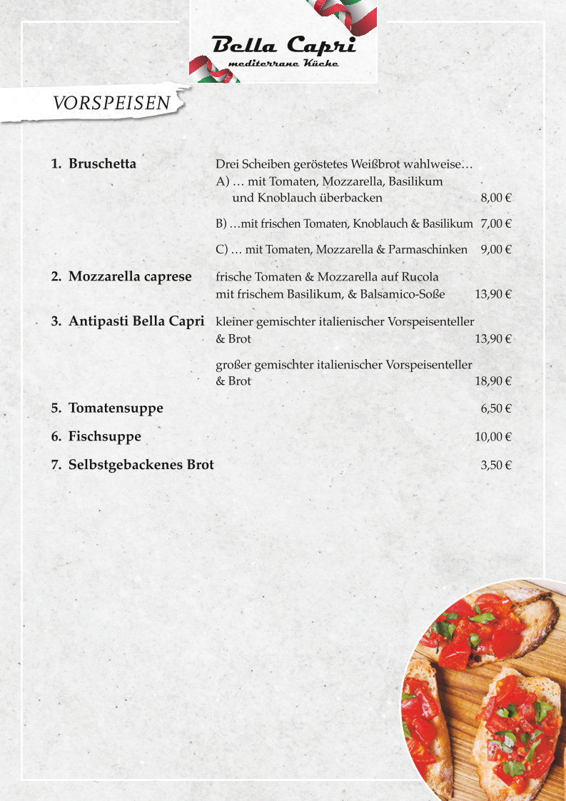 Speisekarte, Bella Capri Jübek - italienisches Restaurant