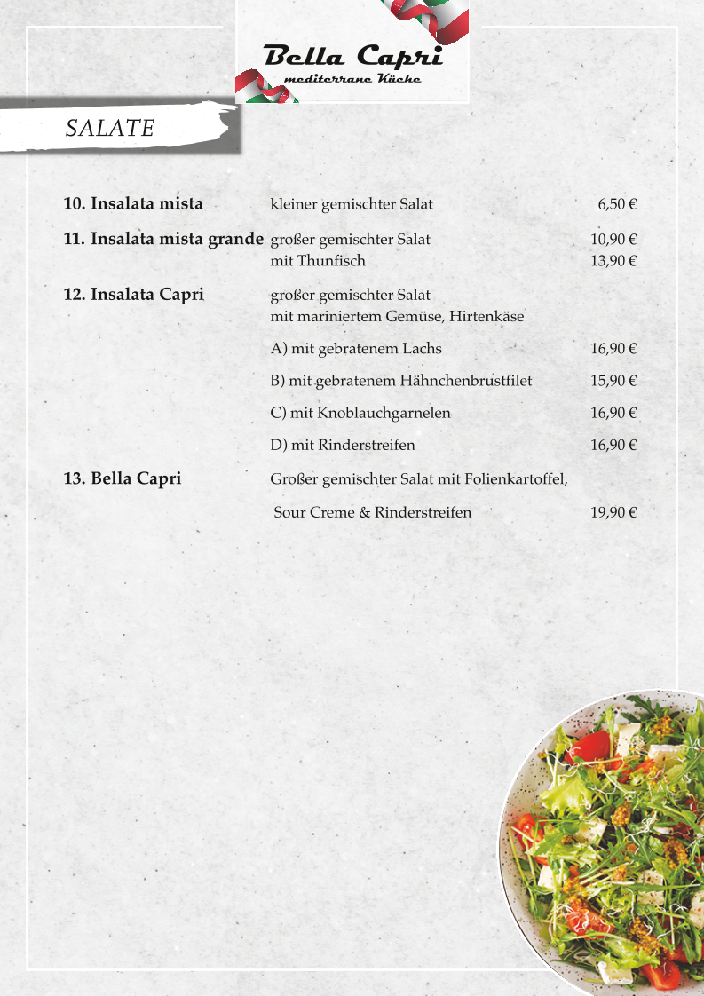 Speisekarte, Bella Capri Jübek - italienisches Restaurant