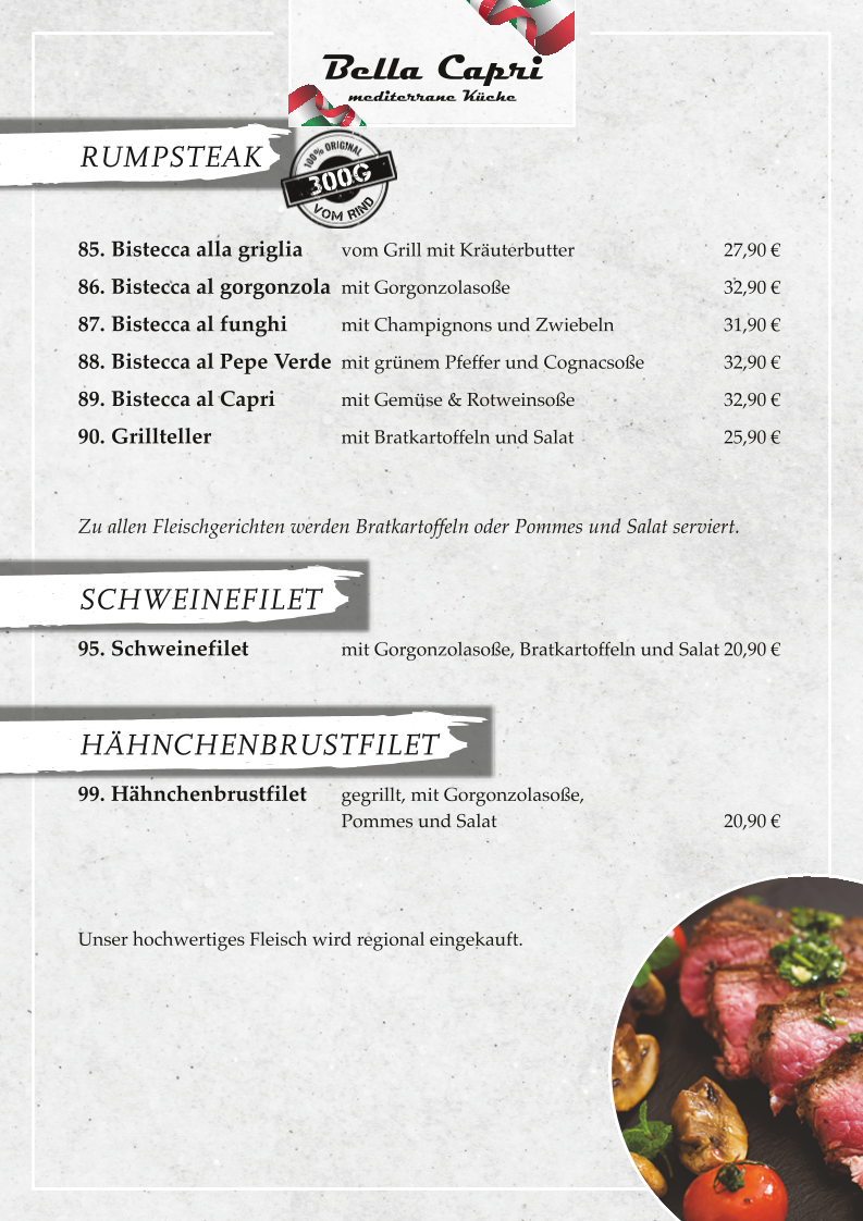 Speisekarte, Bella Capri Jübek - italienisches Restaurant