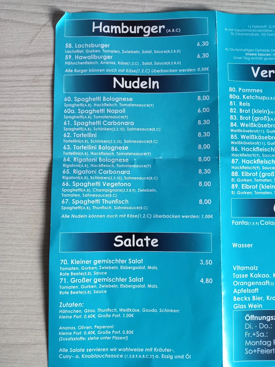 Speisekarte, Pizzeria Topoli