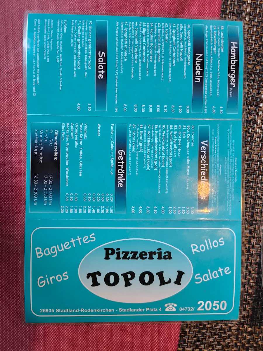 Speisekarte, Pizzeria Topoli