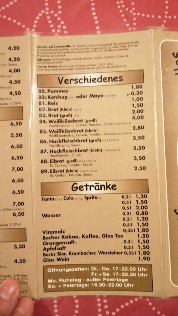 Speisekarte, Pizzeria Topoli