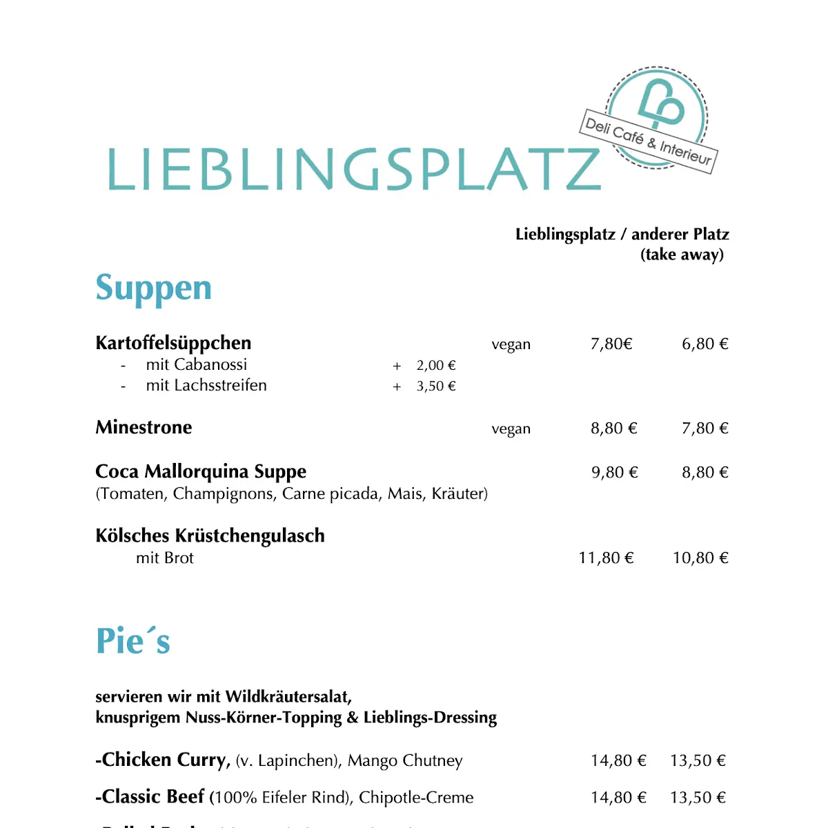 Speisekarte, Lieblingsplatz-Hürth Deli Cafe & Interieur