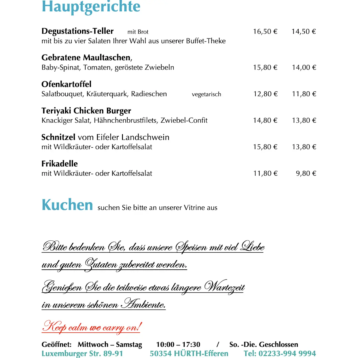 Speisekarte, Lieblingsplatz-Hürth Deli Cafe & Interieur