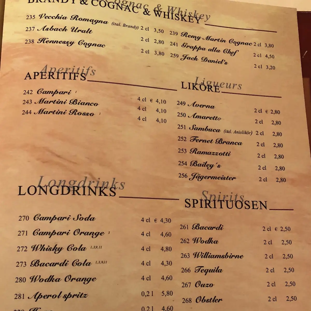 Speisekarte, Santa Lucia
