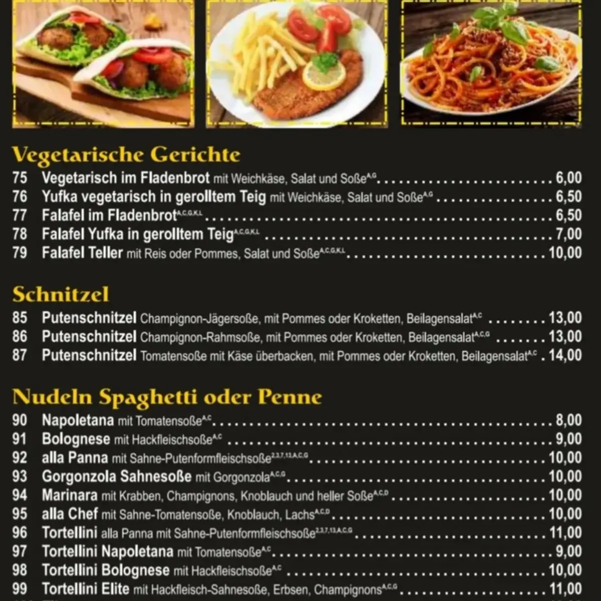 Speisekarte, Elite Döner & Pizzahaus