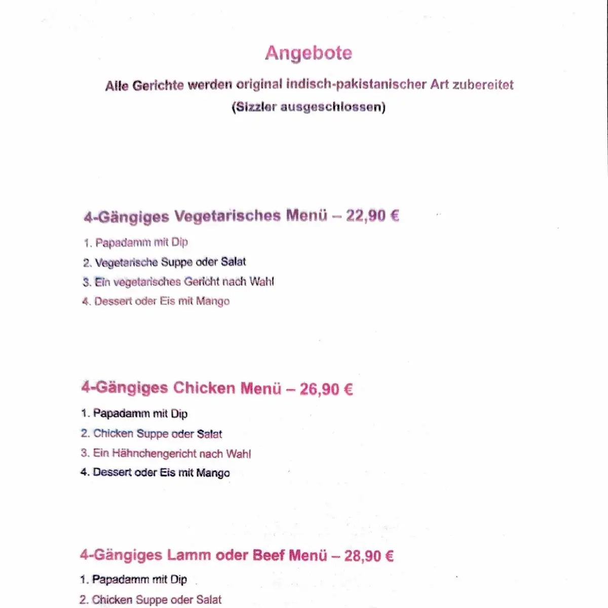 Speisekarte, Tandoori Maza Hamburg