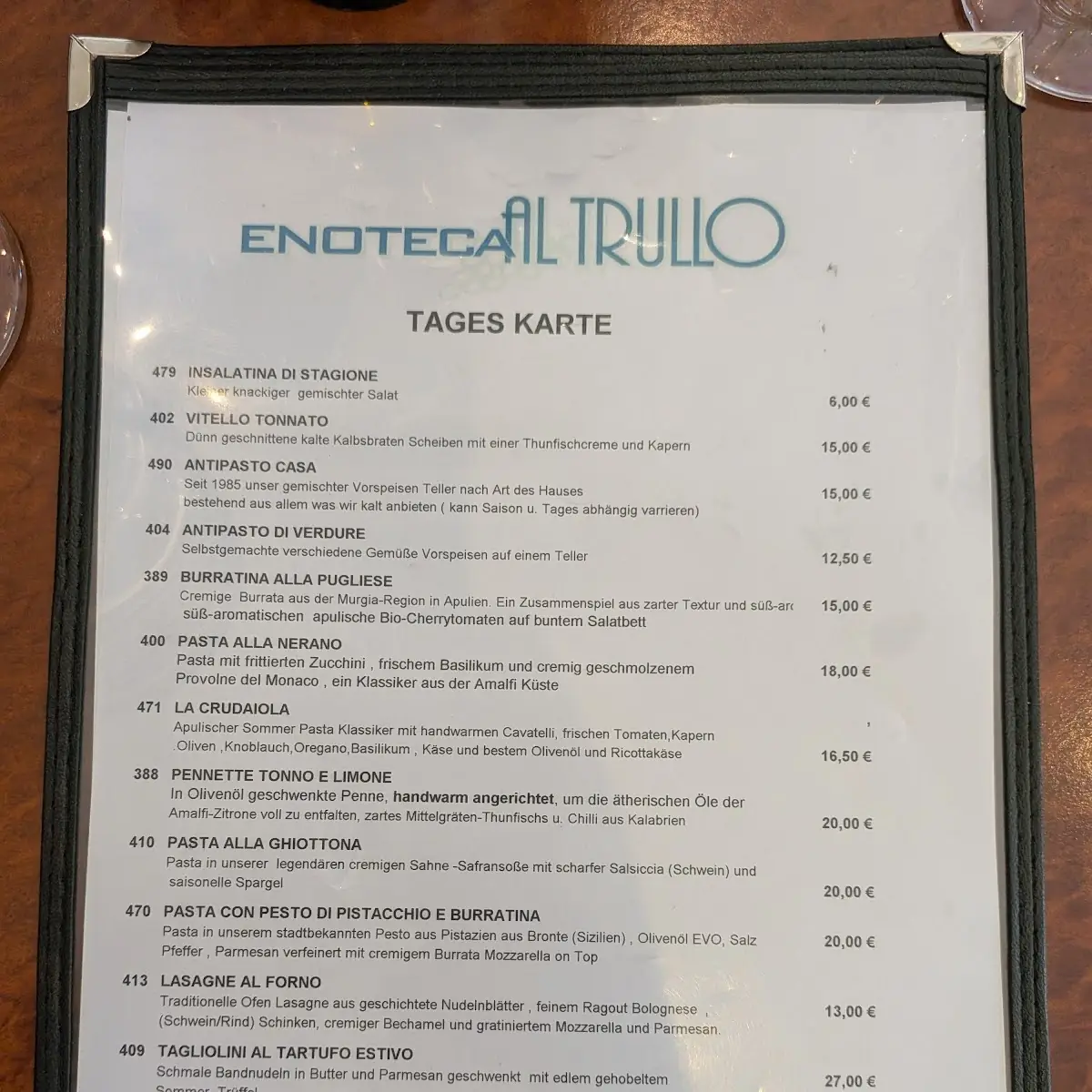 Speisekarte, Enoteca Al Trullo