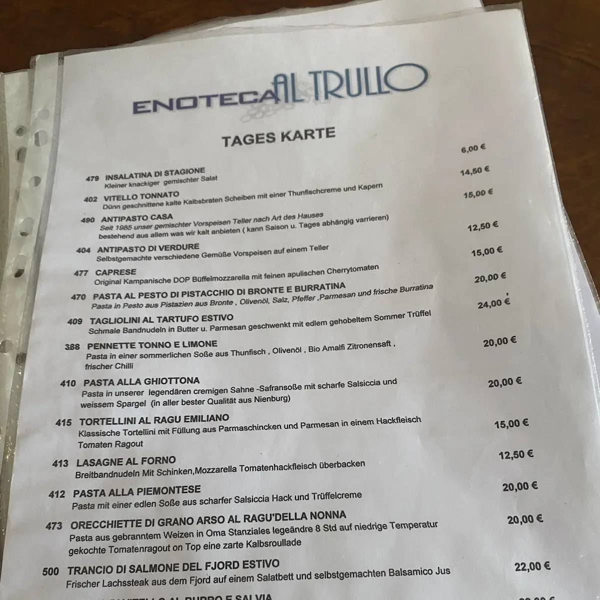 Speisekarte, Enoteca Al Trullo