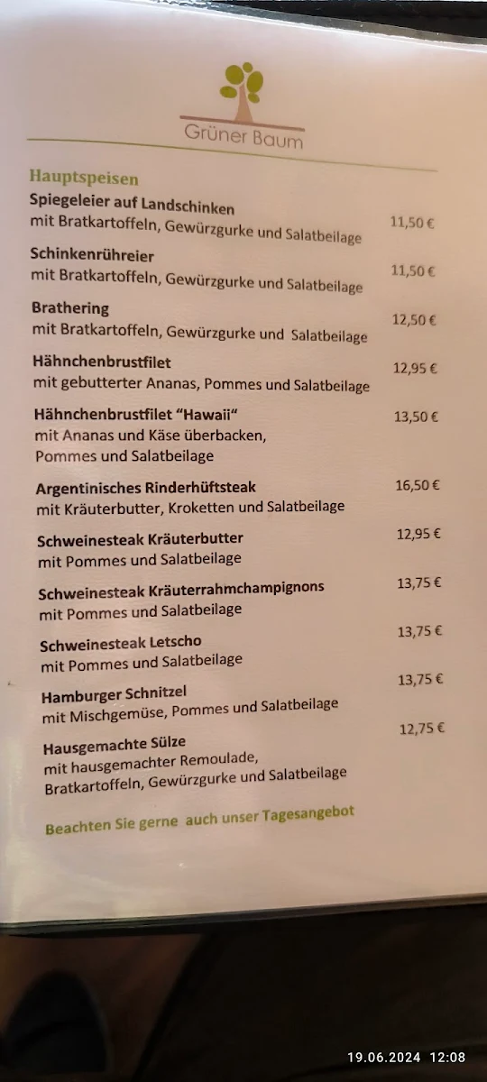 Speisekarte, Gasthof & Eisdiele Grüner Baum