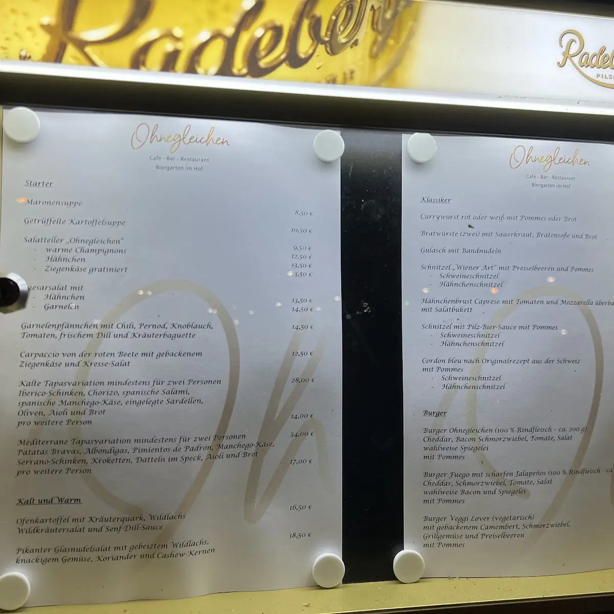 Speisekarte, Ohnegleichen Worms - Restaurant - Café - Bar