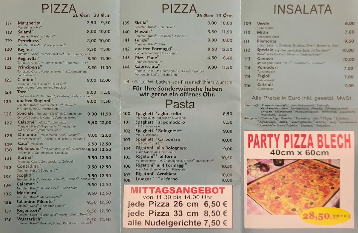 Speisekarte, De Lucio's Pizzaservice