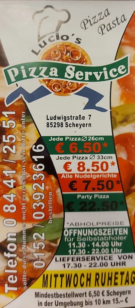 Speisekarte, De Lucio's Pizzaservice