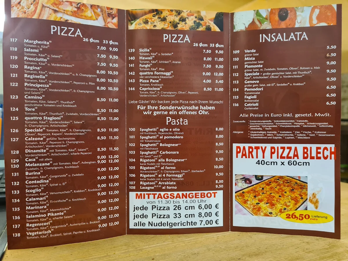 Speisekarte, De Lucio's Pizzaservice