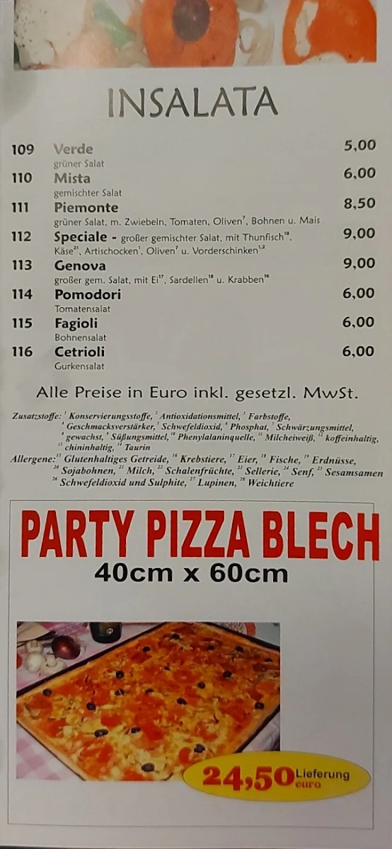 Speisekarte, De Lucio's Pizzaservice