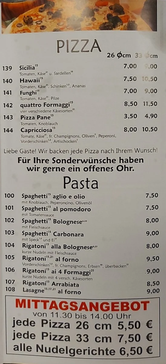 Speisekarte, De Lucio's Pizzaservice
