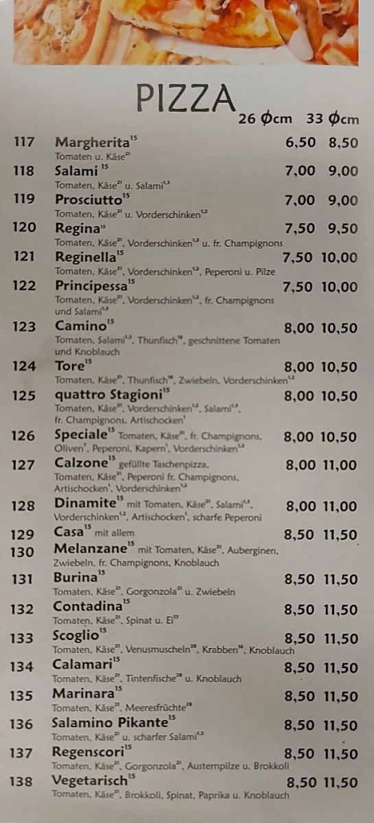 Speisekarte, De Lucio's Pizzaservice