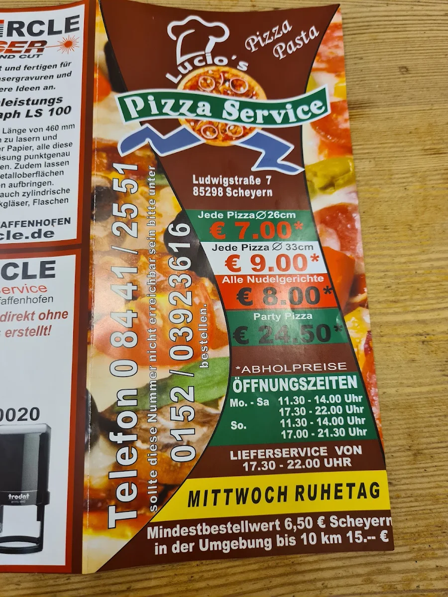 Speisekarte, De Lucio's Pizzaservice