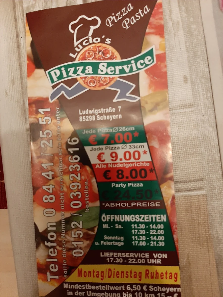 Speisekarte, De Lucio's Pizzaservice
