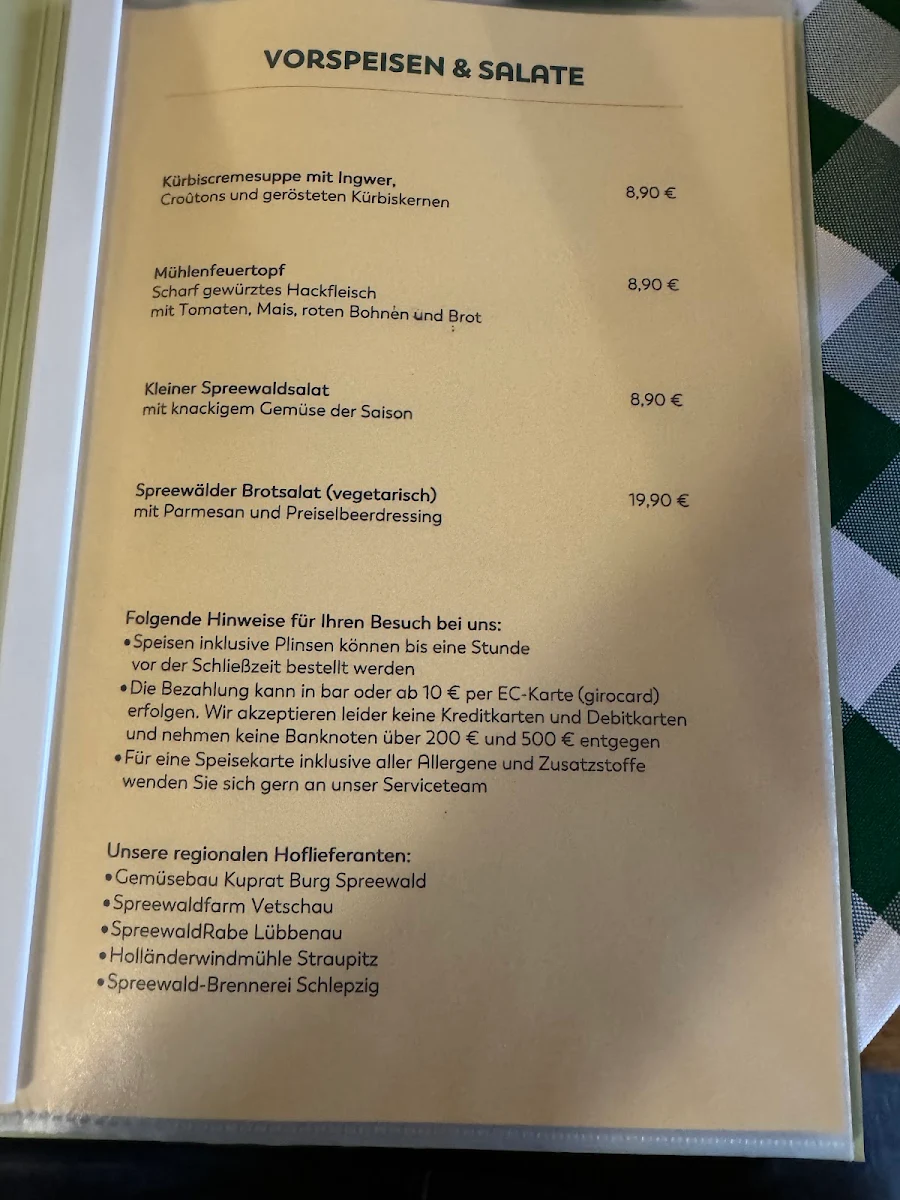 Speisekarte, Restaurant Kräutermühle Burg (Spreewald)