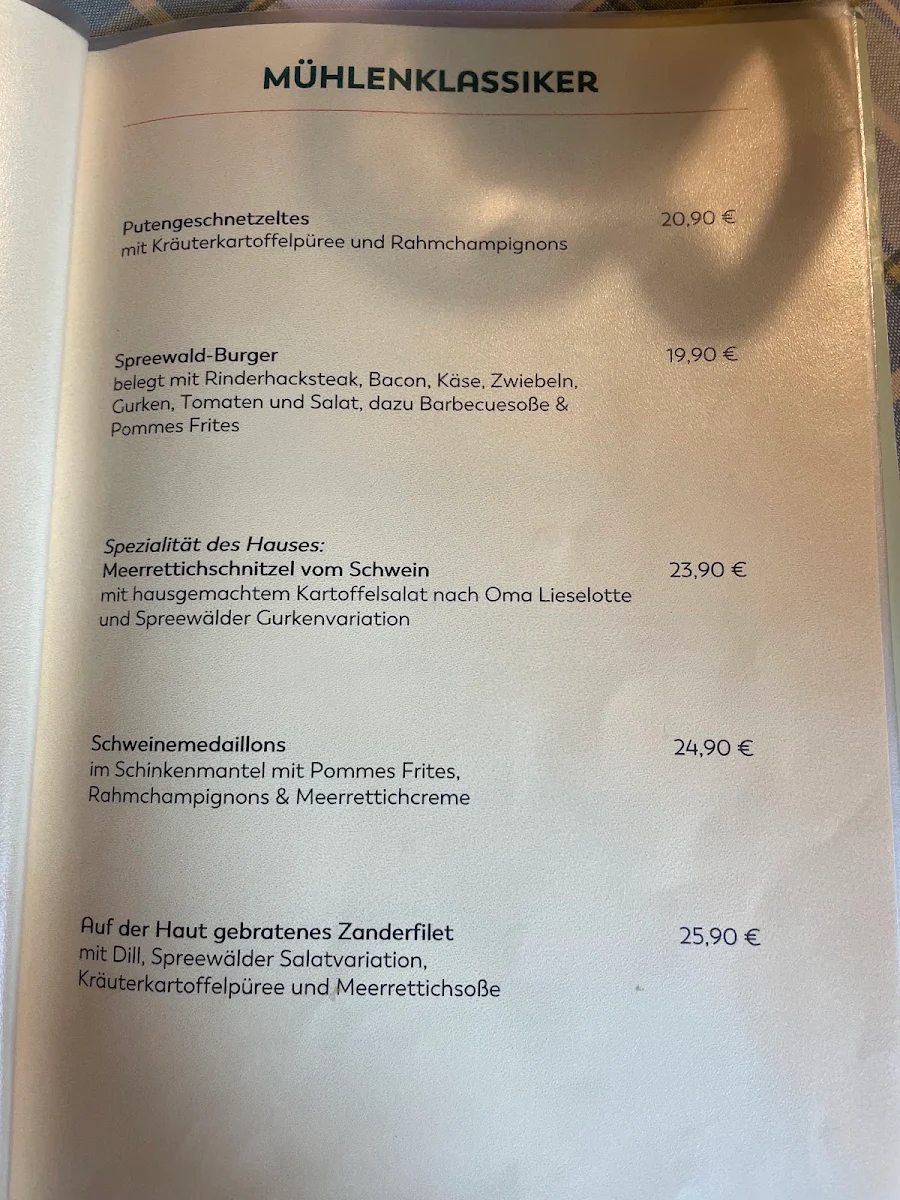 Speisekarte, Restaurant Kräutermühle Burg (Spreewald)
