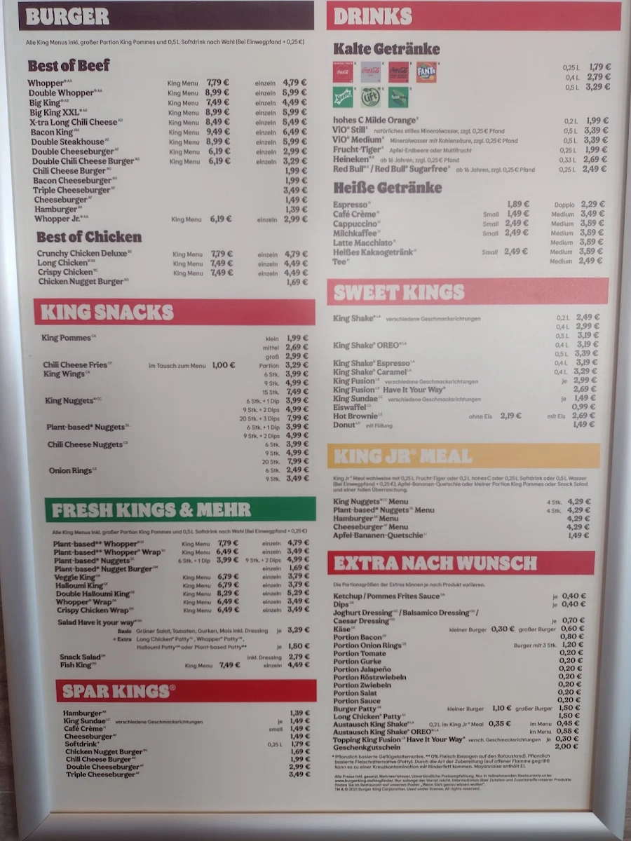 Speisekarte, Burger King Ingolstadt