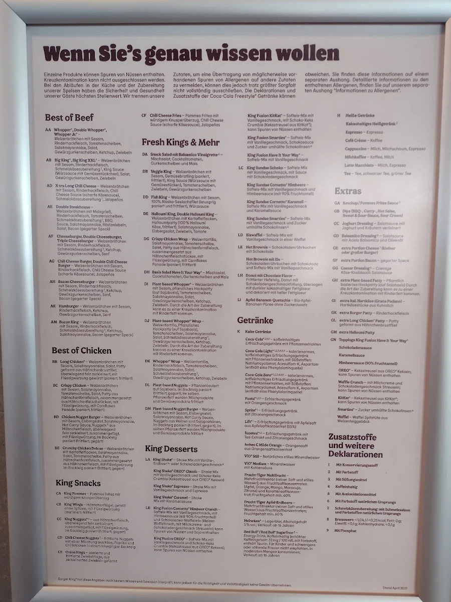 Speisekarte, Burger King Ingolstadt