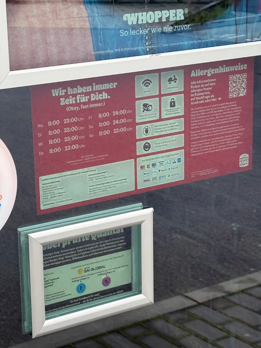 Speisekarte, Burger King Ingolstadt