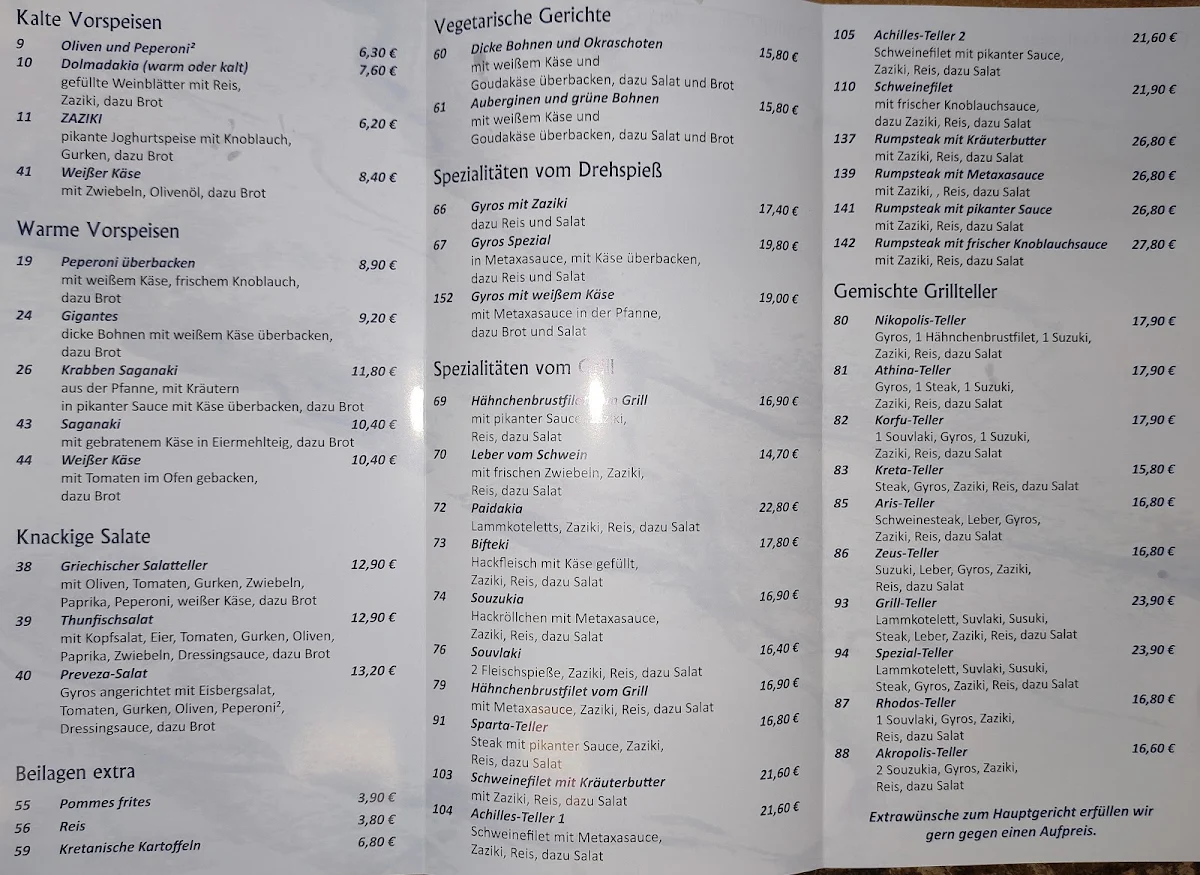 Speisekarte, Griechisches Restaurant Rhodos