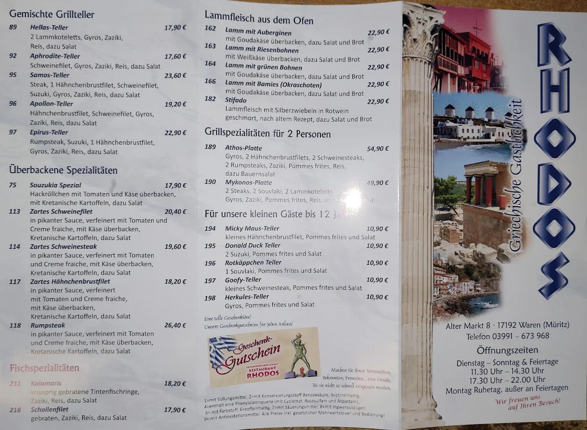 Speisekarte, Griechisches Restaurant Rhodos