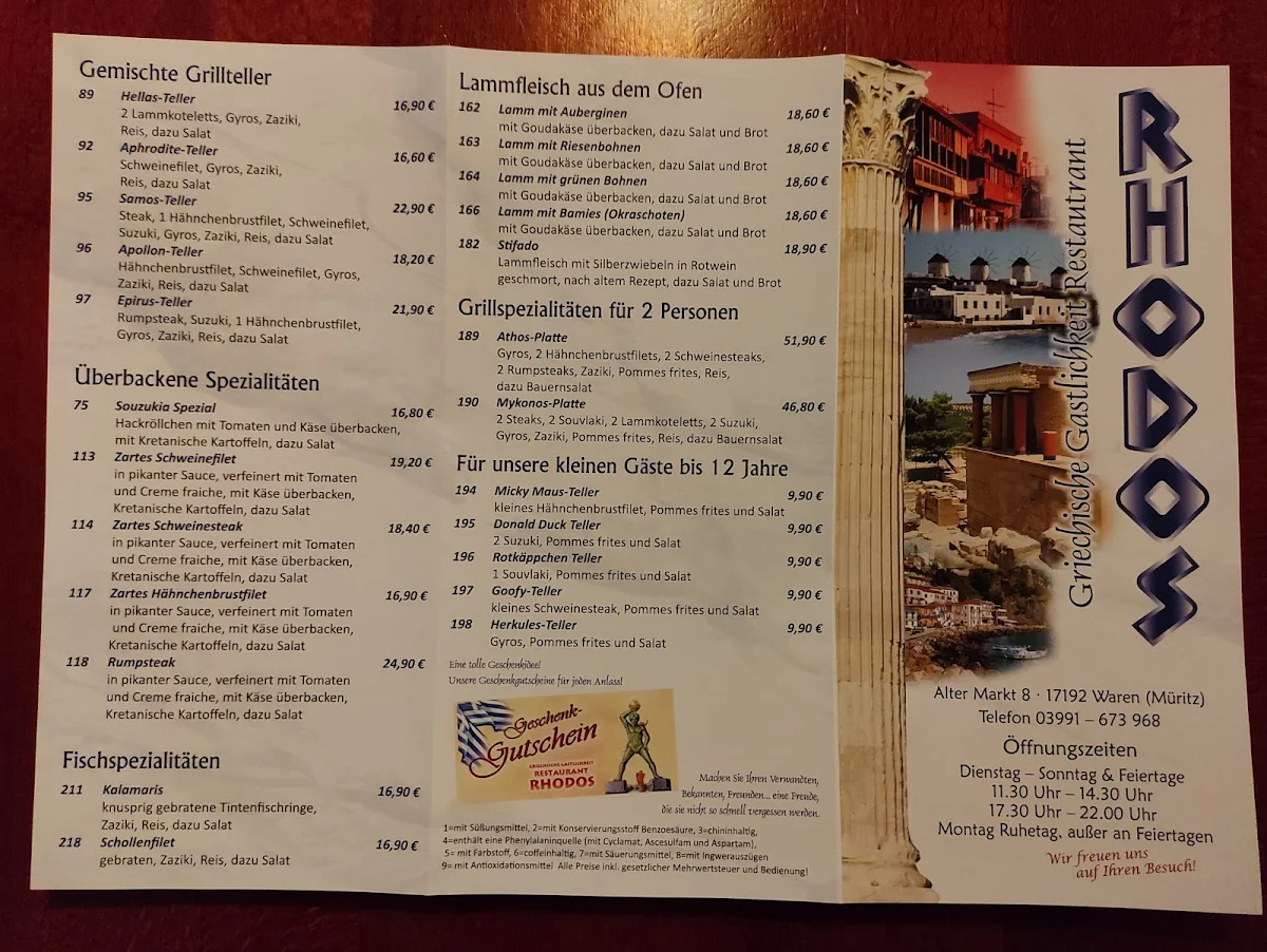 Speisekarte, Griechisches Restaurant Rhodos