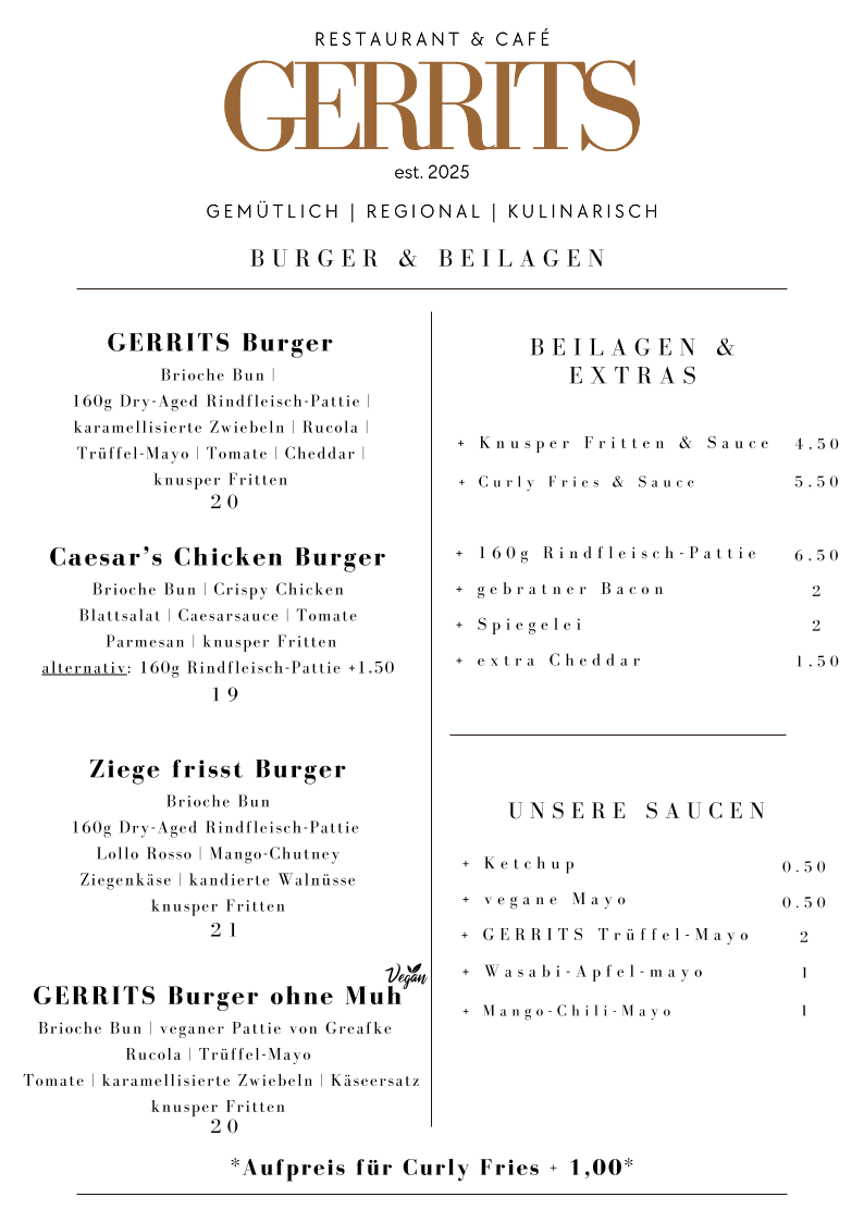 Speisekarte, GERRITS Restaurant & Café
