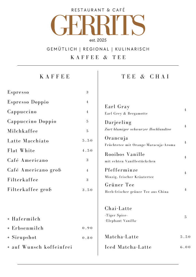 Speisekarte, GERRITS Restaurant & Café