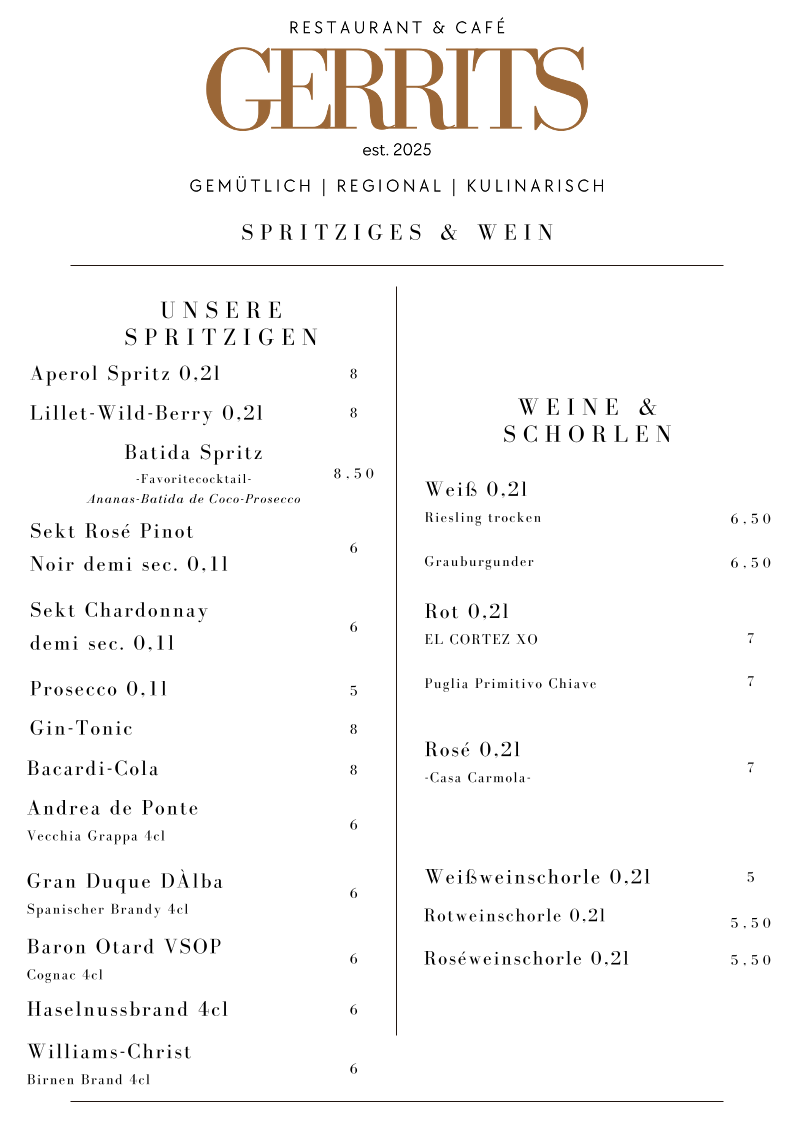 Speisekarte, GERRITS Restaurant & Café