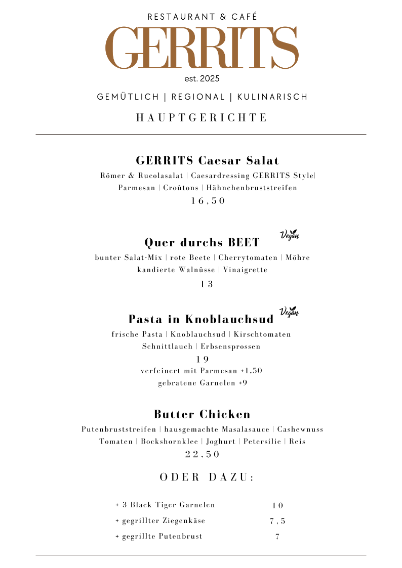 Speisekarte, GERRITS Restaurant & Café