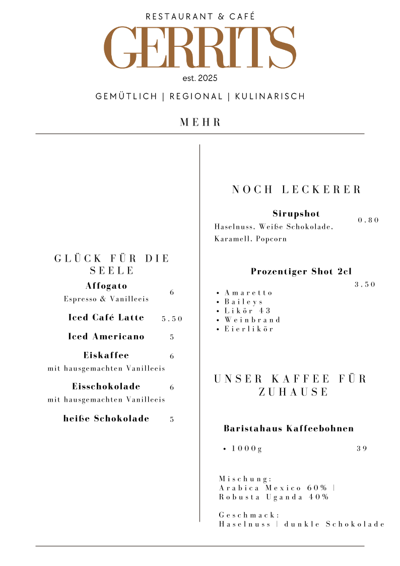 Speisekarte, GERRITS Restaurant & Café