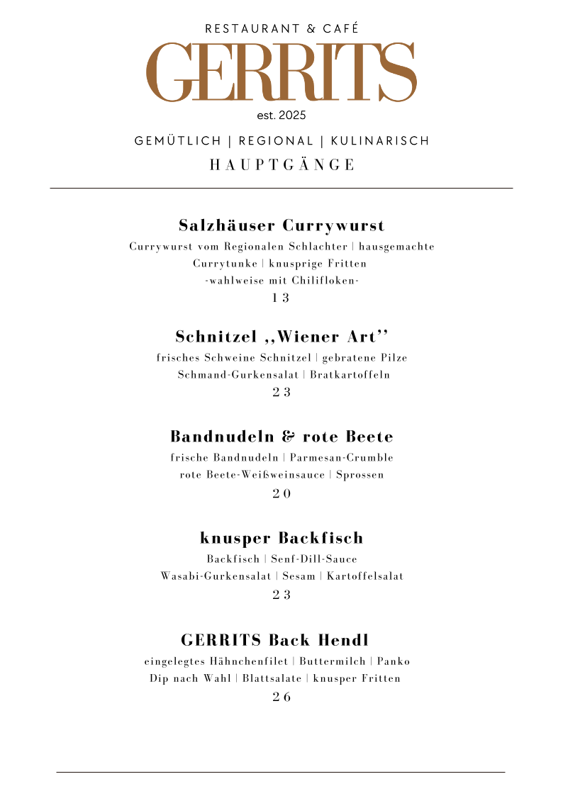 Speisekarte, GERRITS Restaurant & Café