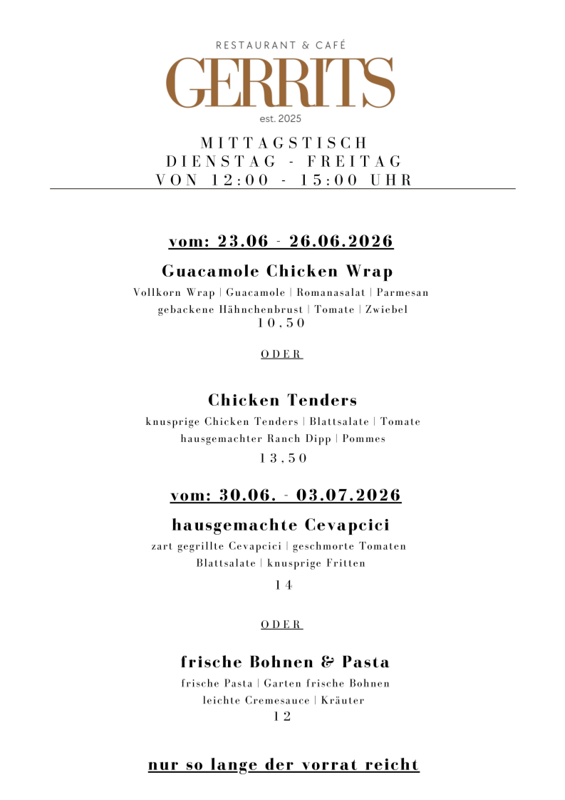Speisekarte, GERRITS Restaurant & Café