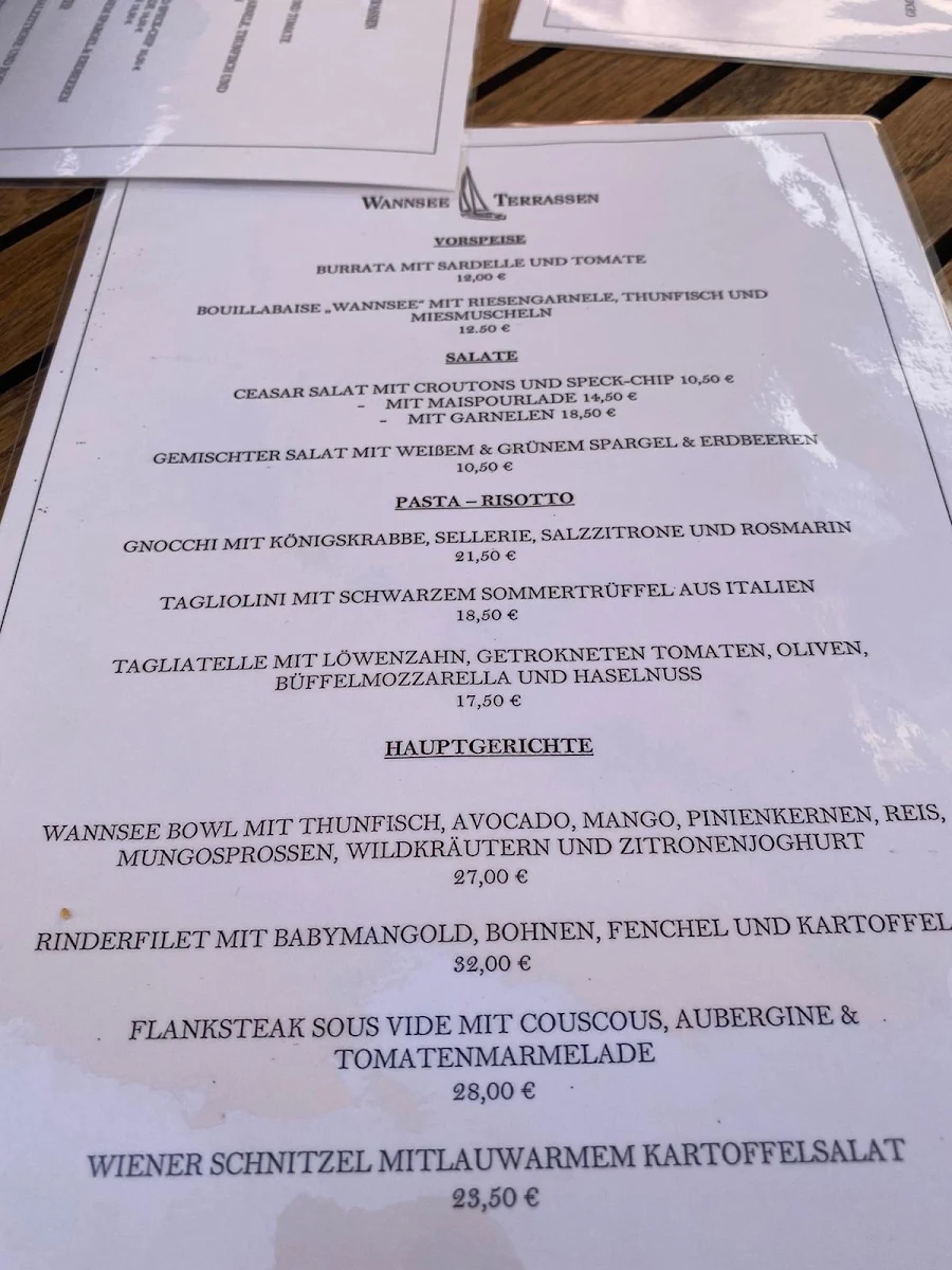 Speisekarte, Wannseeterrassen Berlin